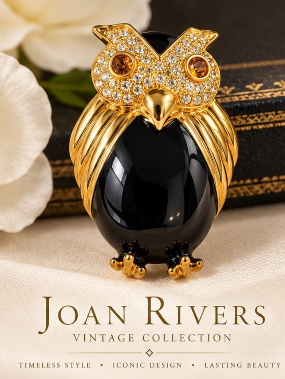 Vintage Joan Rivers Owl Brooch Black Stone Crystal Gold Tone Signed